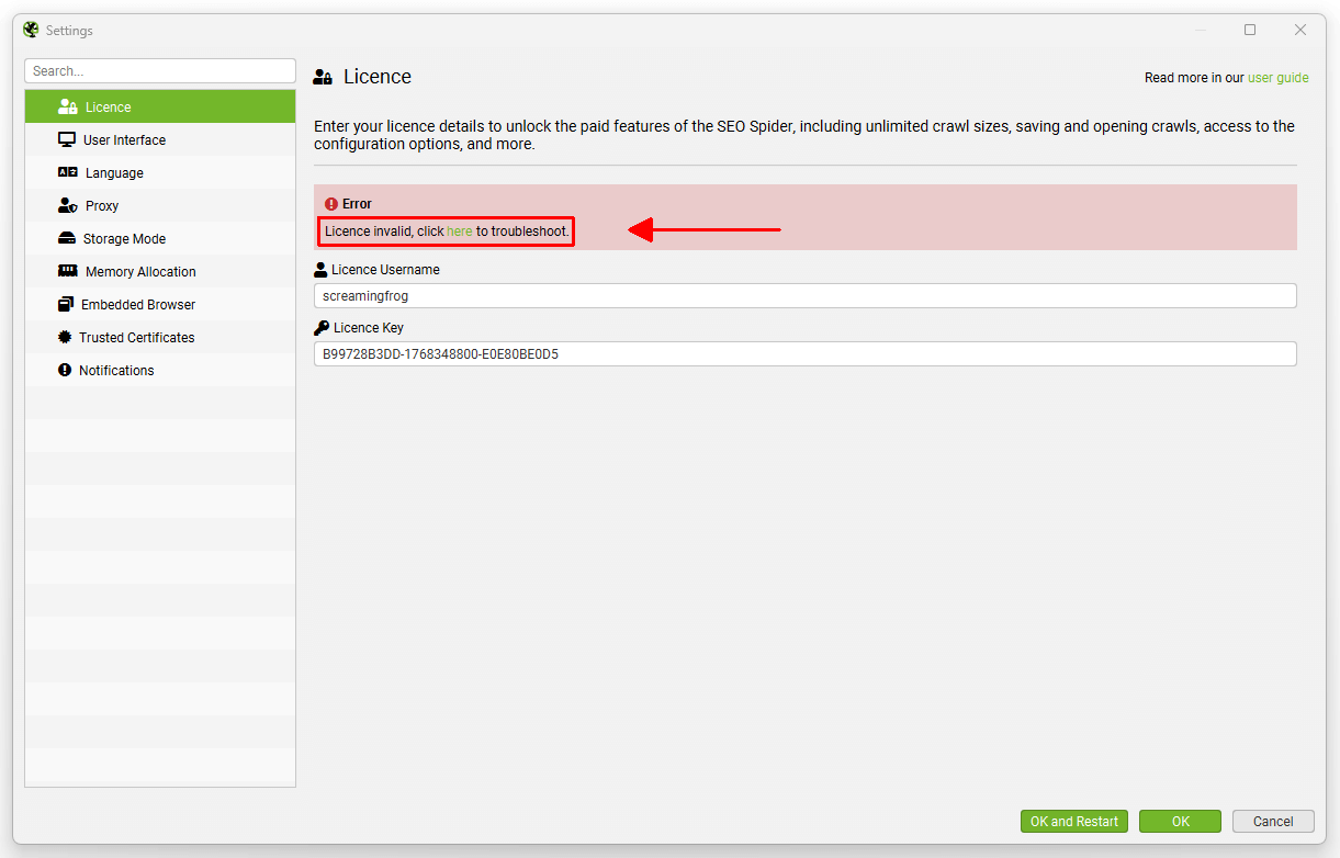Invalid Licence Key for Screaming Frog SEO Spider