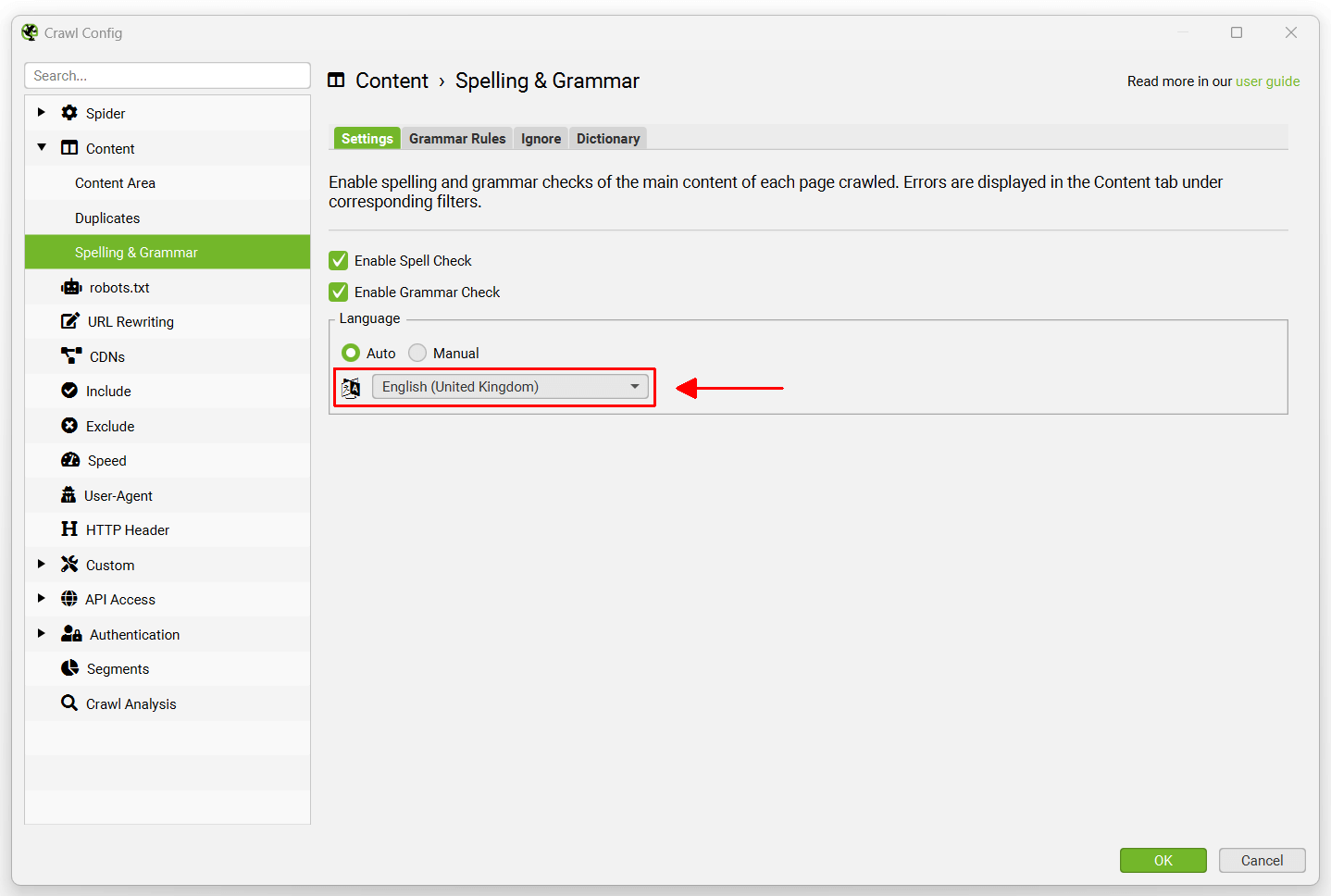 Spelling and Grammar Language configuration