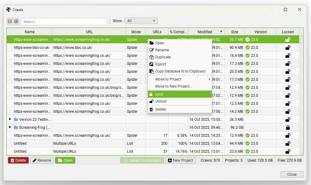 'Lock' crawls from crawl retention settings