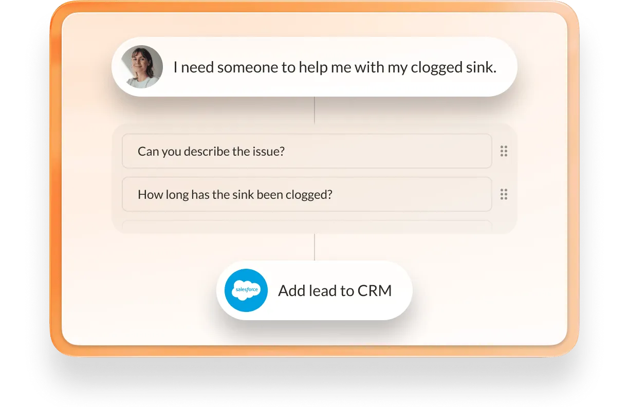 Chat interface displaying a customer request, followed by the system requesting additional details. A final button labeled  Add lead to CRM appears with the Salesforce logo.