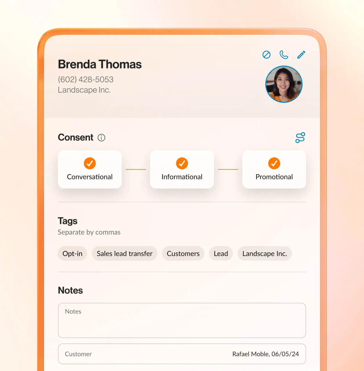 Interface of RingCentral advanced SMS feature for customer consent tracking