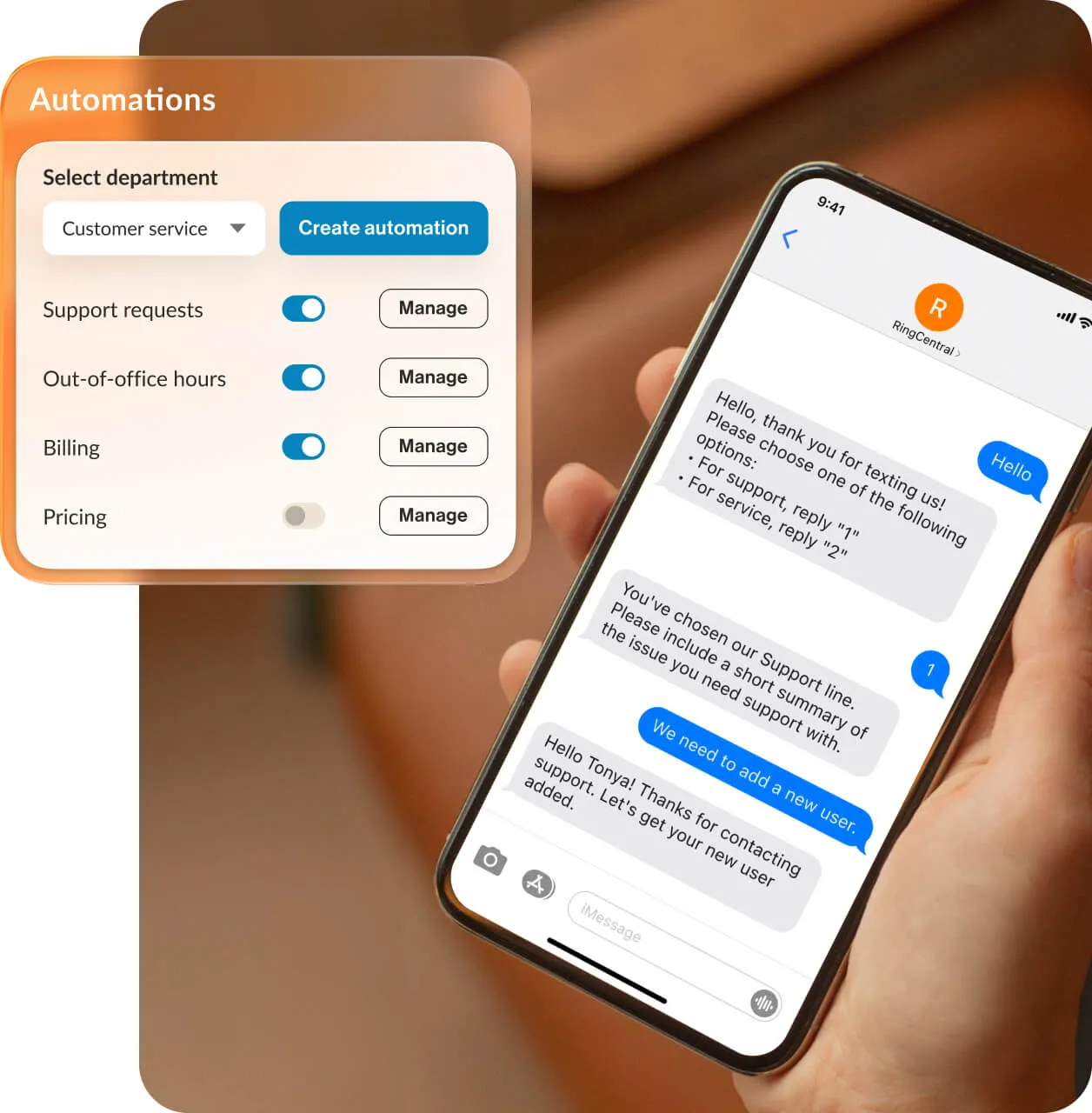 Interface of RingCentral advanced SMS feature for automated SMS replies