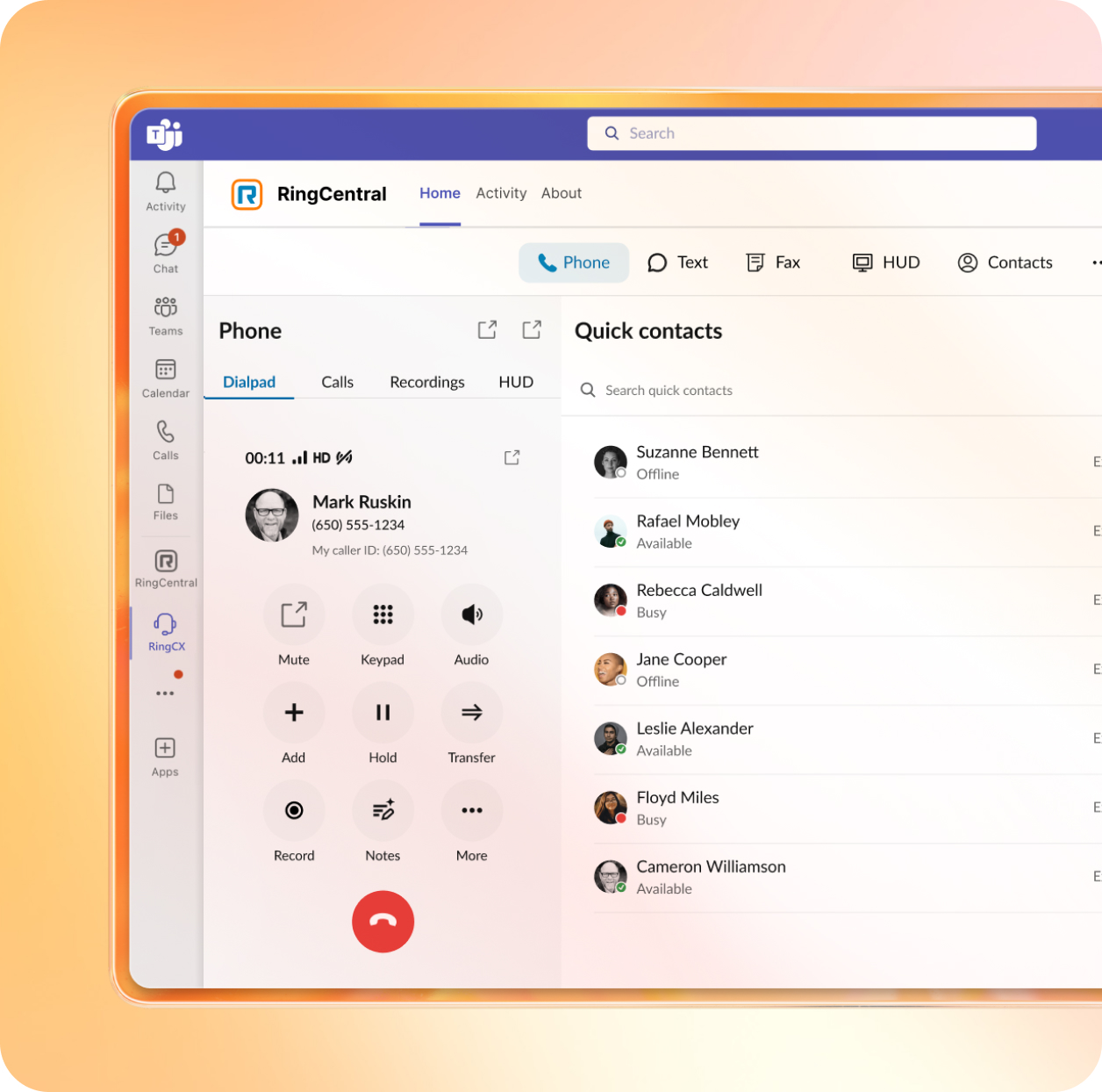 The RingCentral dialer integrated into Microsoft Team's app