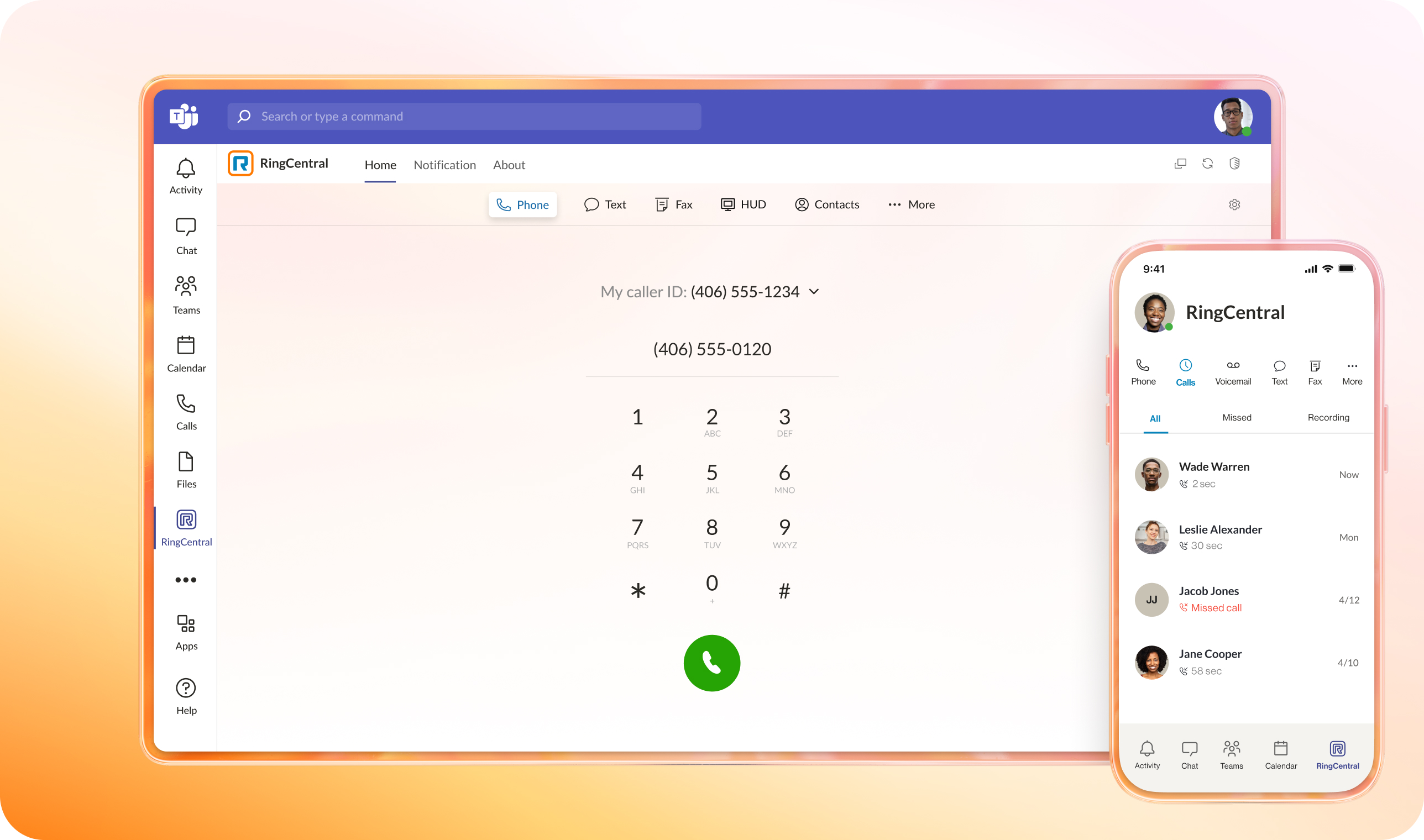 The RingCentral dialer featured in MS Teams desktop app with inlay of RingCentral call history in MS Teams mobile app