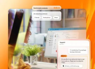 The RingCentral RingCX dashboard in display on a monitor screen with inserts of the Sentiment Analysis feature and chat support window