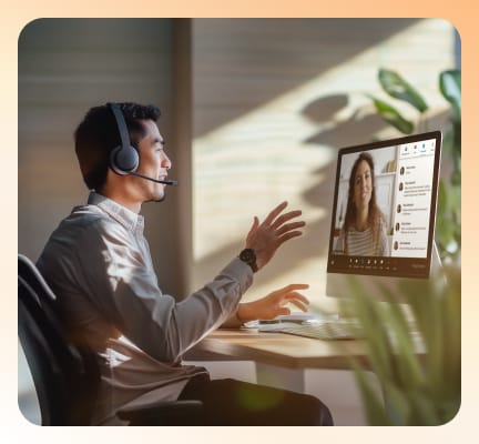 A man in a headphone is speaking with another guest speaker from home via RingCentral Events