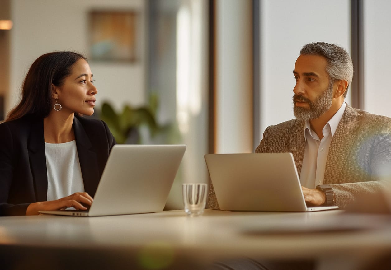 A man and a woman conversing while sitting on a table in front of their laptops