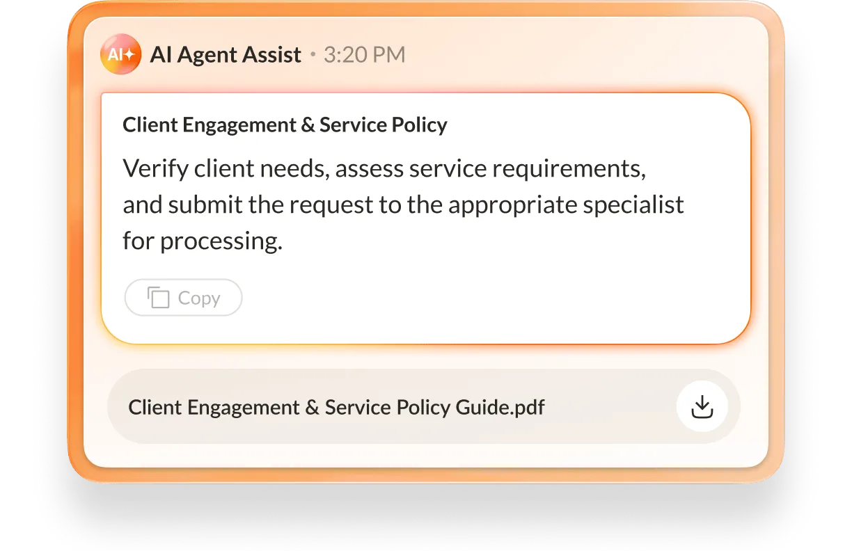 AI agent assist provides client engagement prompts and documents.