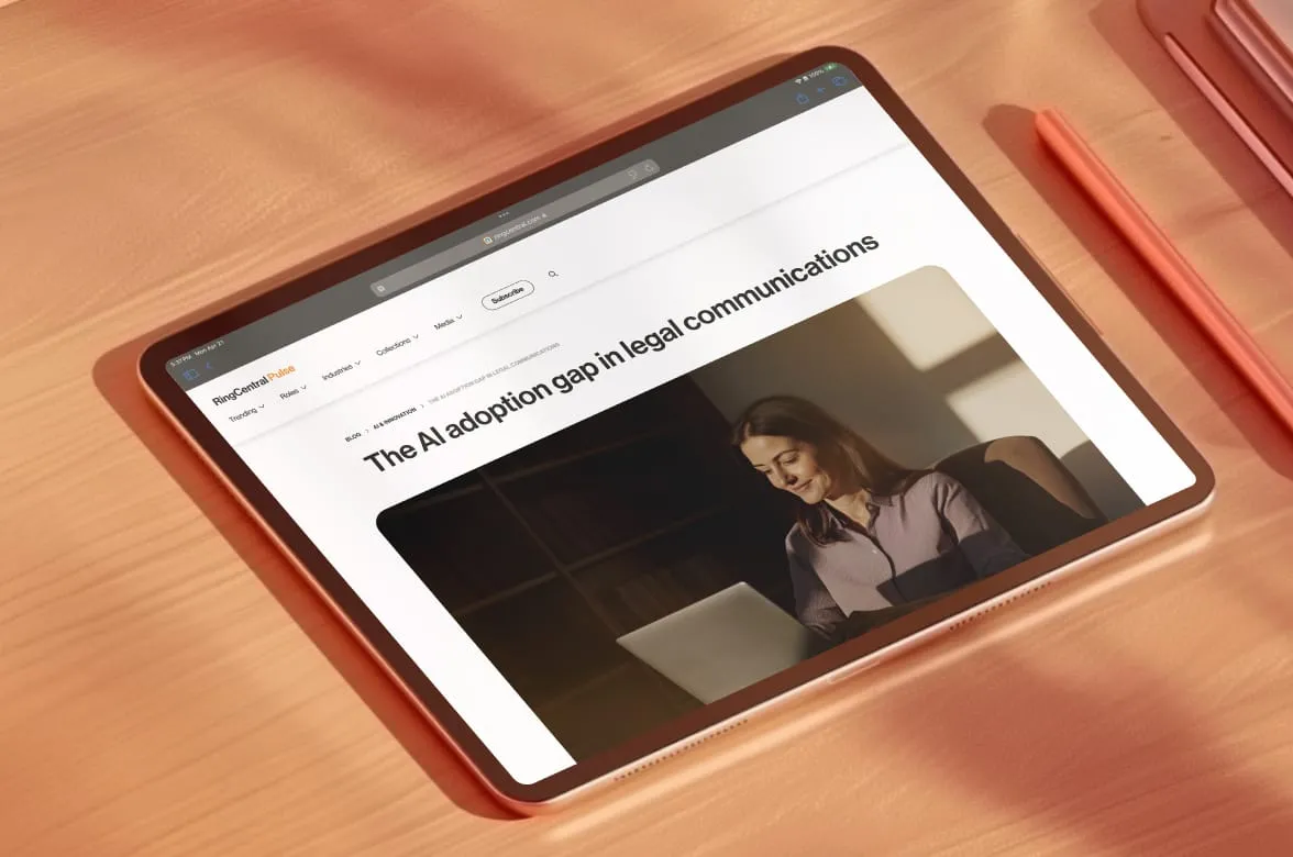 Image of a laptop showing a blog post on the AI adoption gap in legal communications.