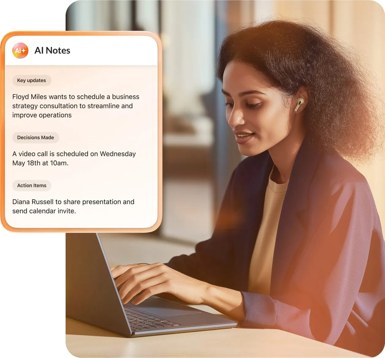 A woman types on a laptop with an inset showing RingCentral AI Notes.