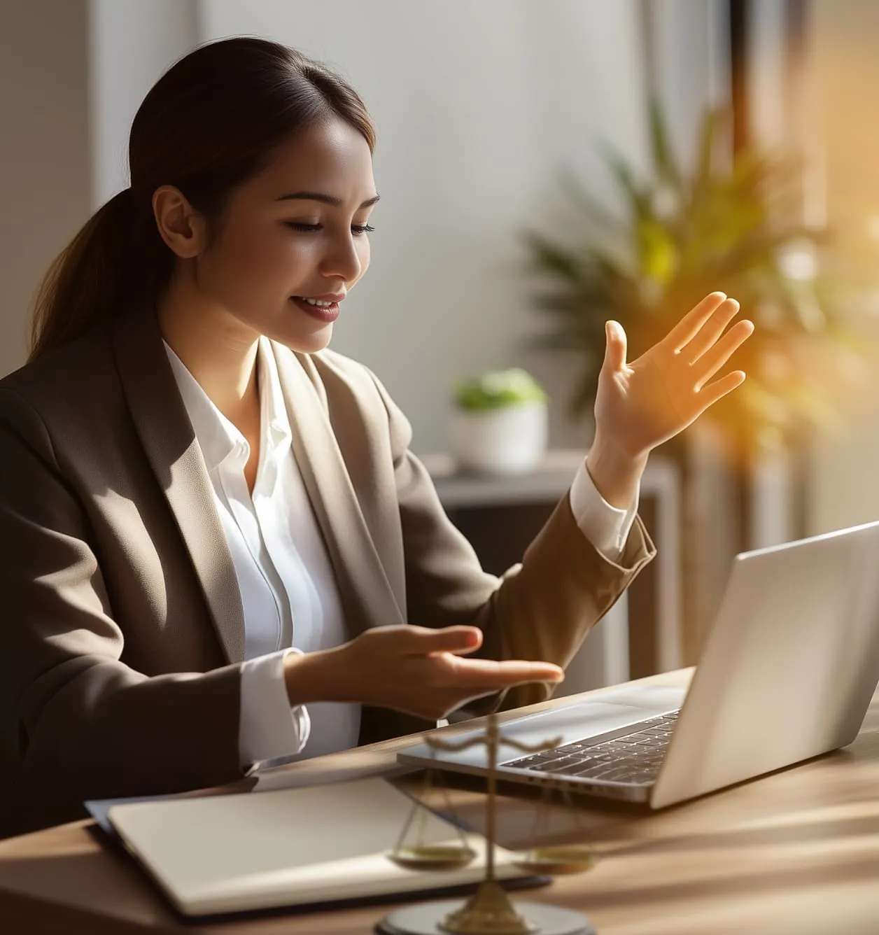 A female lawyer gestures as she speaks on a video call.