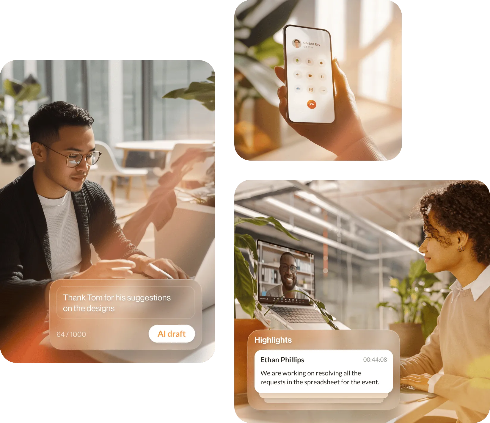 image 1: a male remote worker using RingCentral RingEX™ AI writer feature to compose a message  image 2: an image showing RingCentral dialpad on mobile app image 3: a female remote worker using RingCentral RingEX™ meeting highlights feature during a video meeting