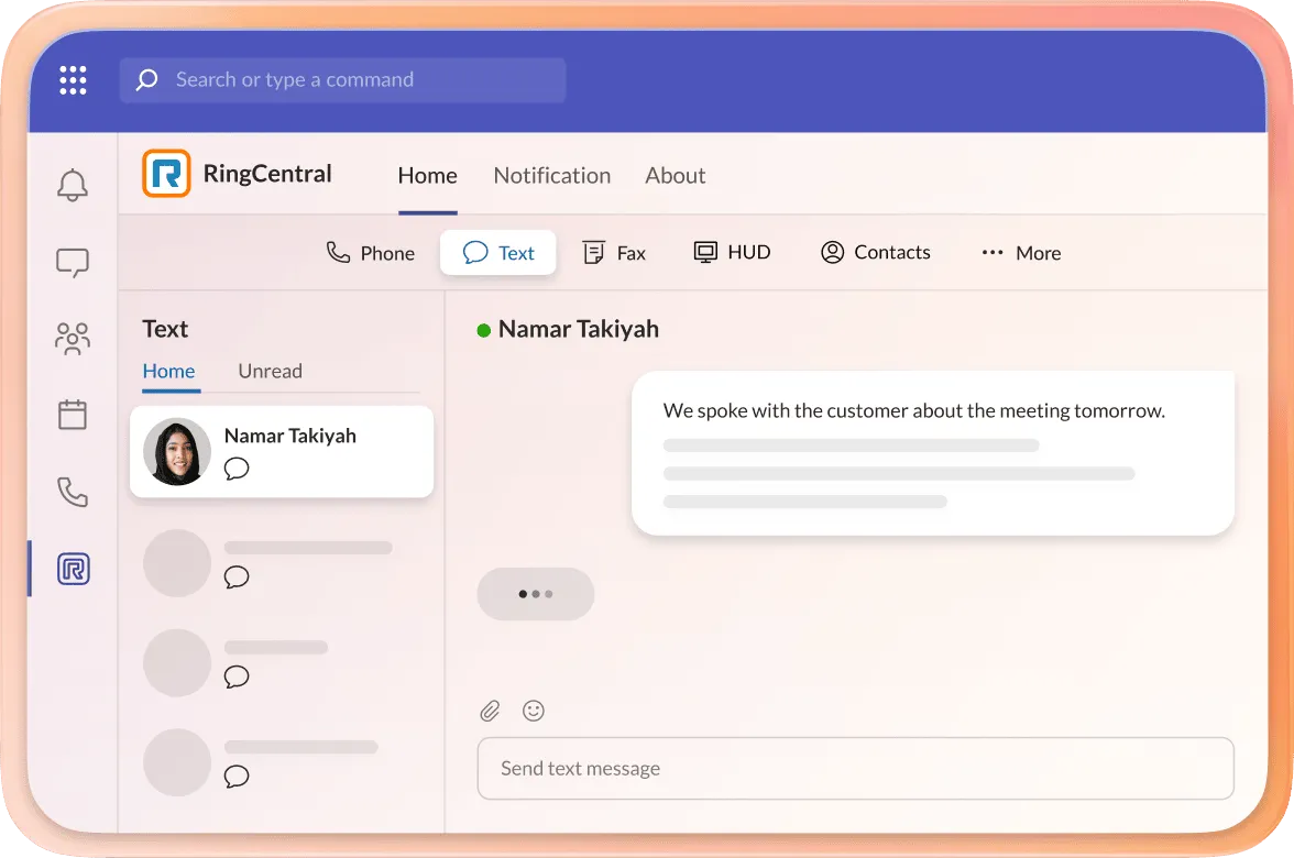 A RingCentral-powered SMS thread from the Microsoft Teams app