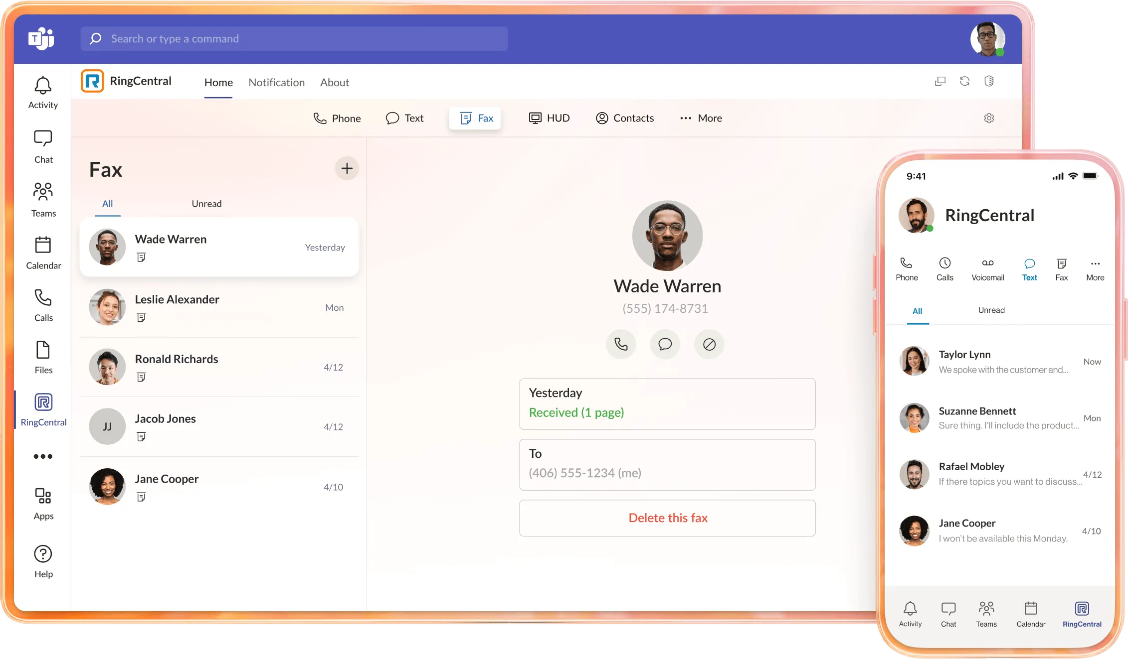 The RingCentral SMS interface on mobile on top of the RingCentral Fax feature on MS Teams desktop app