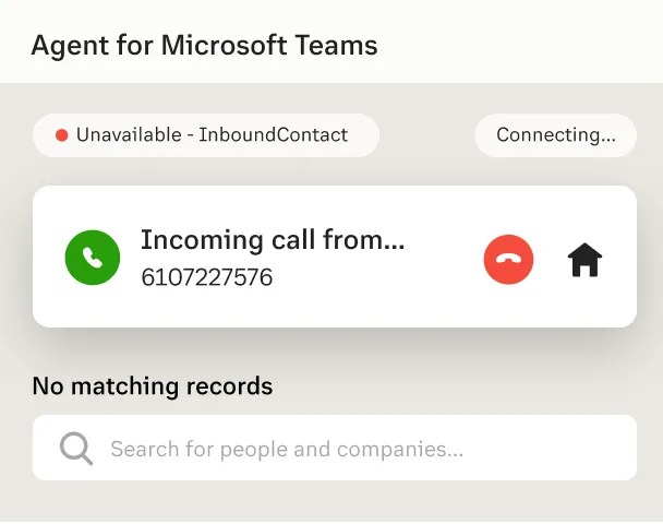 A call being received via RingCentral’s CX embedded into Microsoft Teams