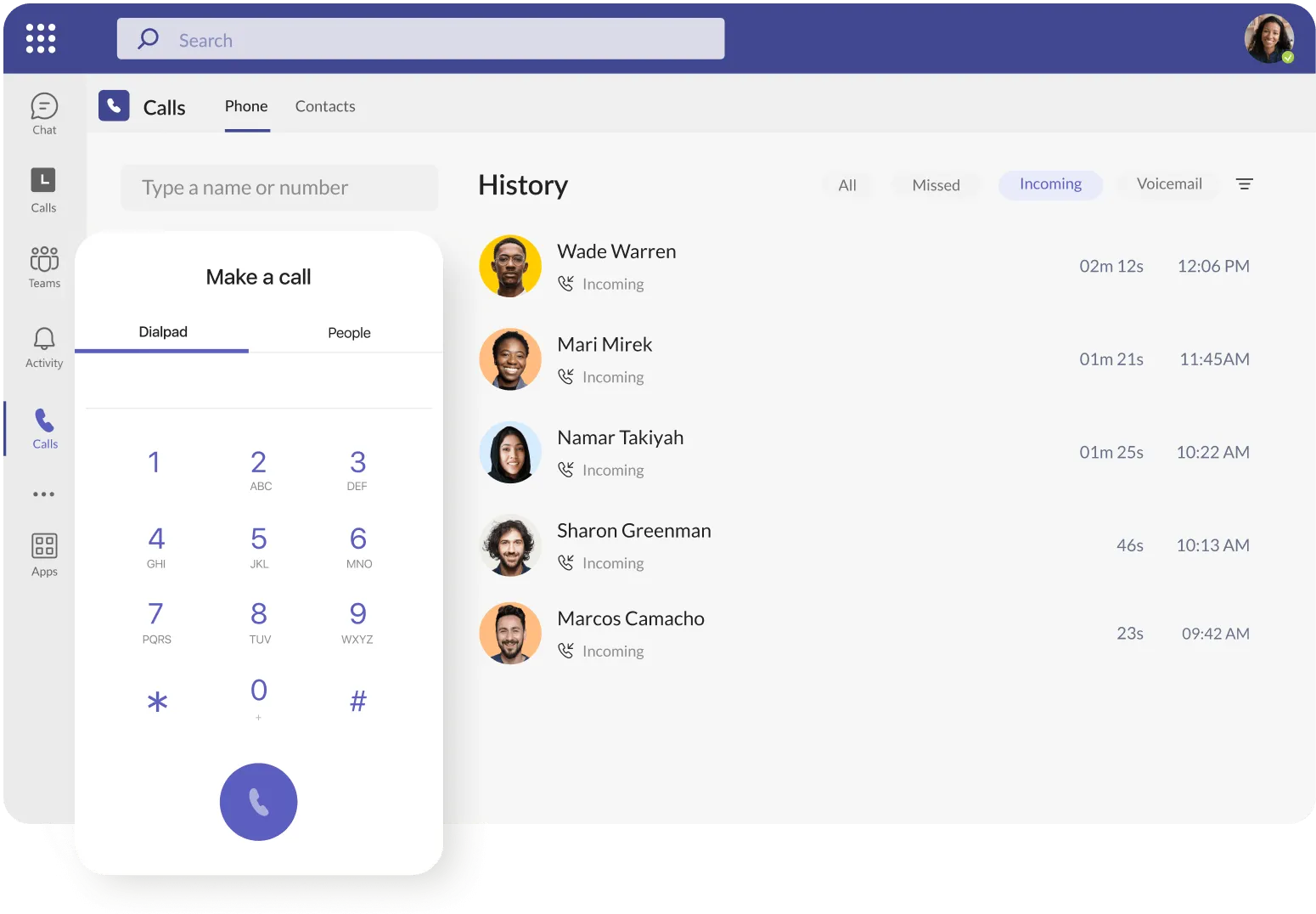 The dialpad and history call list from RingCentral's Microsoft Teams integration