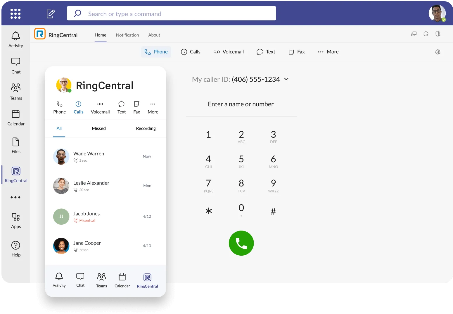The dialpad and history call list from RingCentral's Microsoft Teams integration