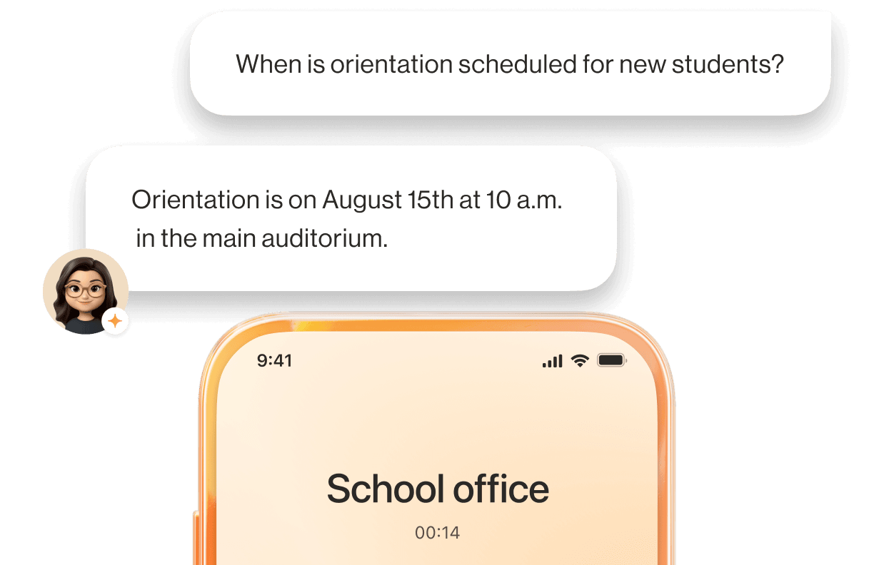 Intelligent virtual agent (IVA) answering a question about the schedule of school orientation