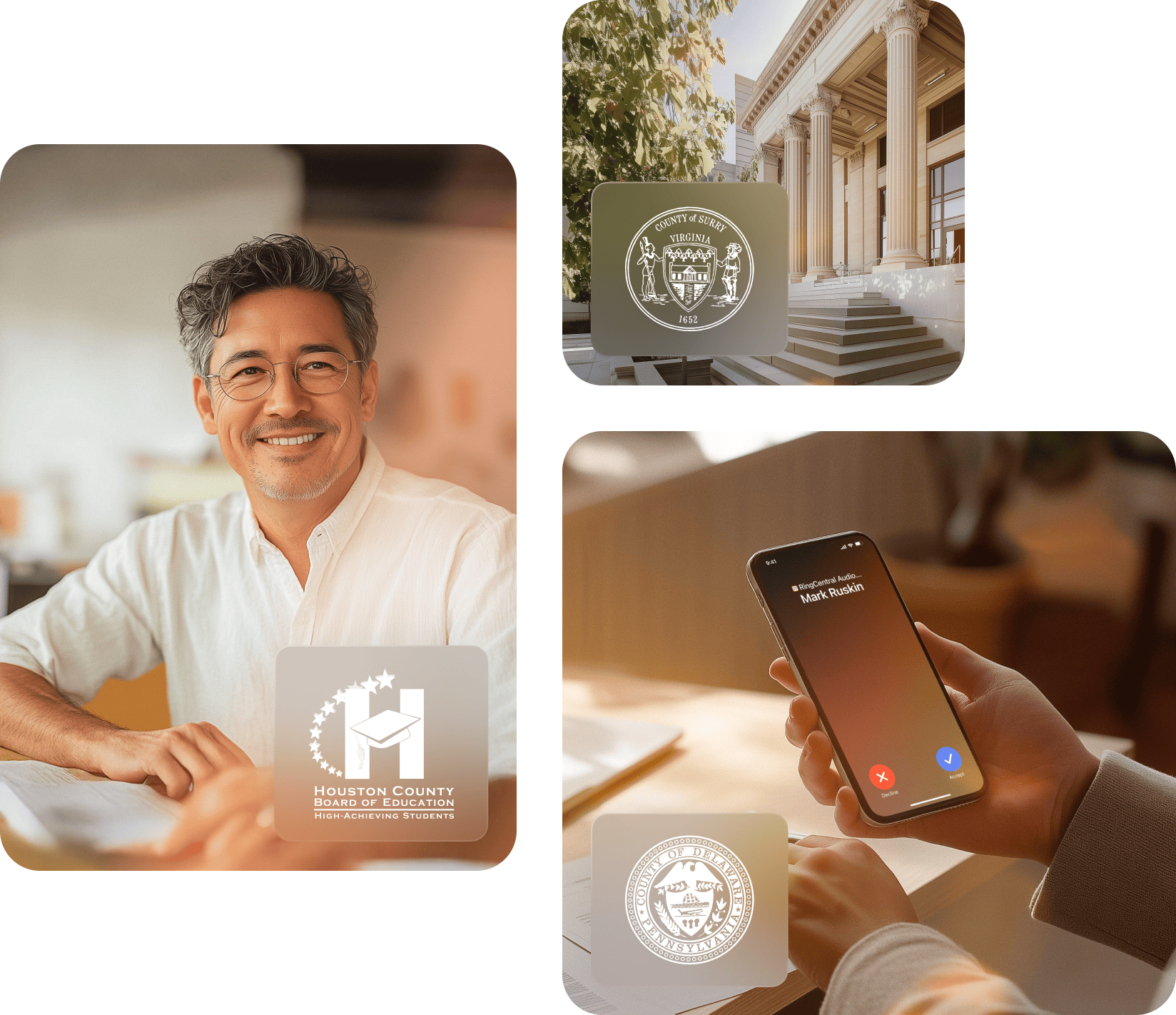 Image 1: A male school board member smiling during a conversation. Image 2: Outdoor shot of the front of a state county building Image 3: A government employee RingCentral mobile app to make a call