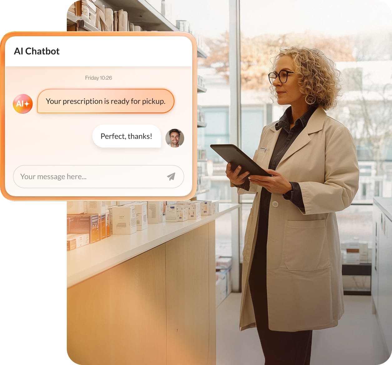 An AI chatbot notifying a patient about picking up her prescription