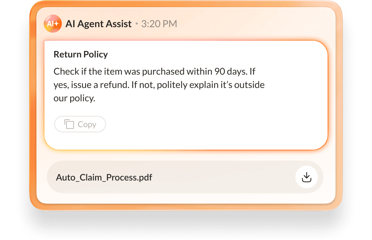 AI-generated answer assists customer support rep with an order issue.