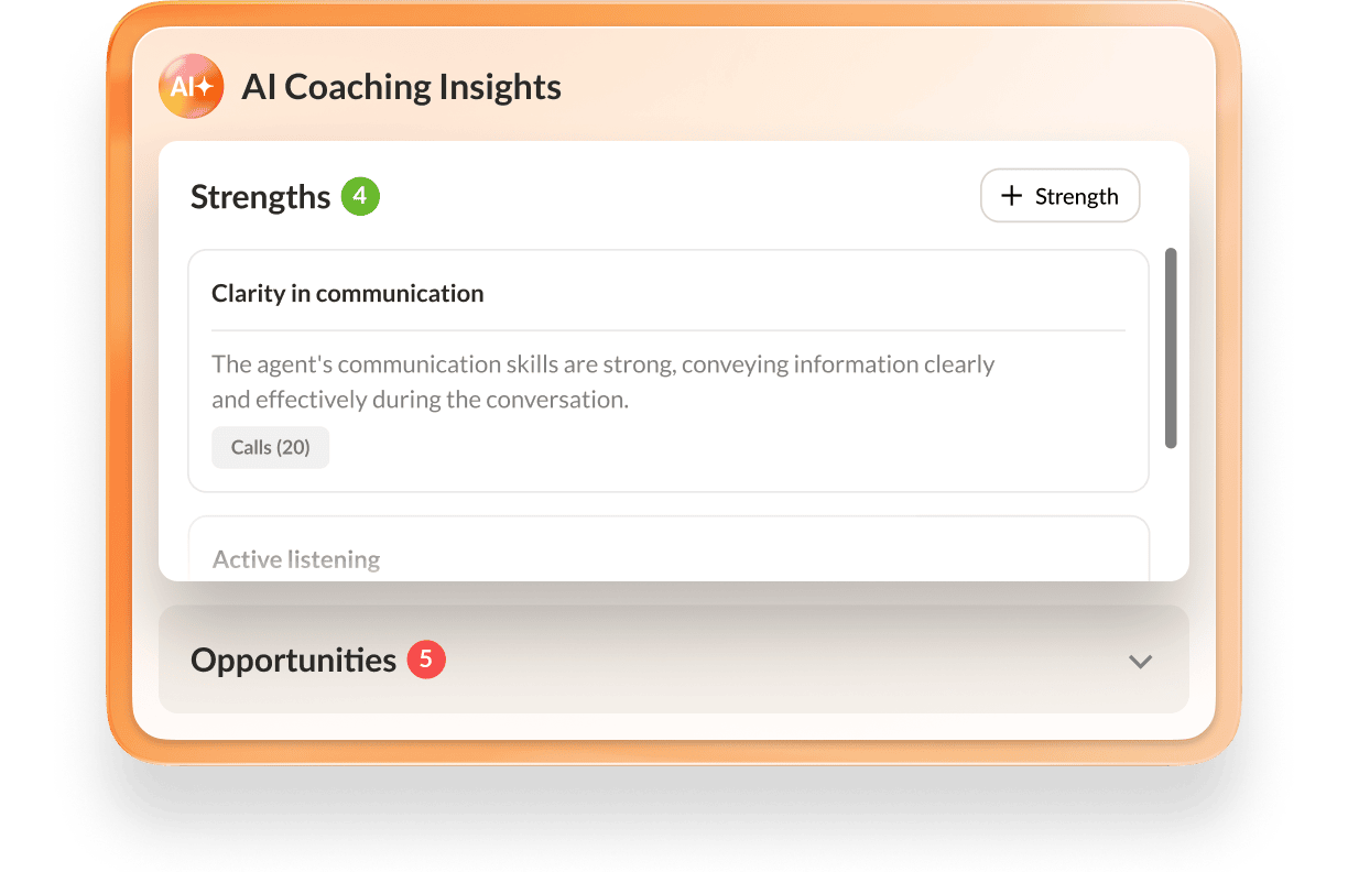 AI coaching showing strengths and opportunities of a call agent