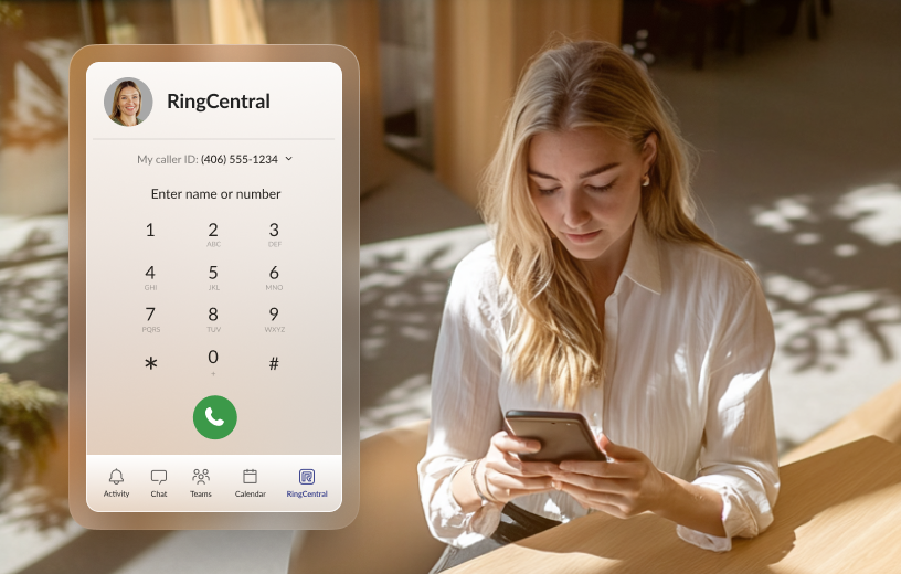 A woman using RingCentral for Microsoft Teams to make a call on her mobile phone