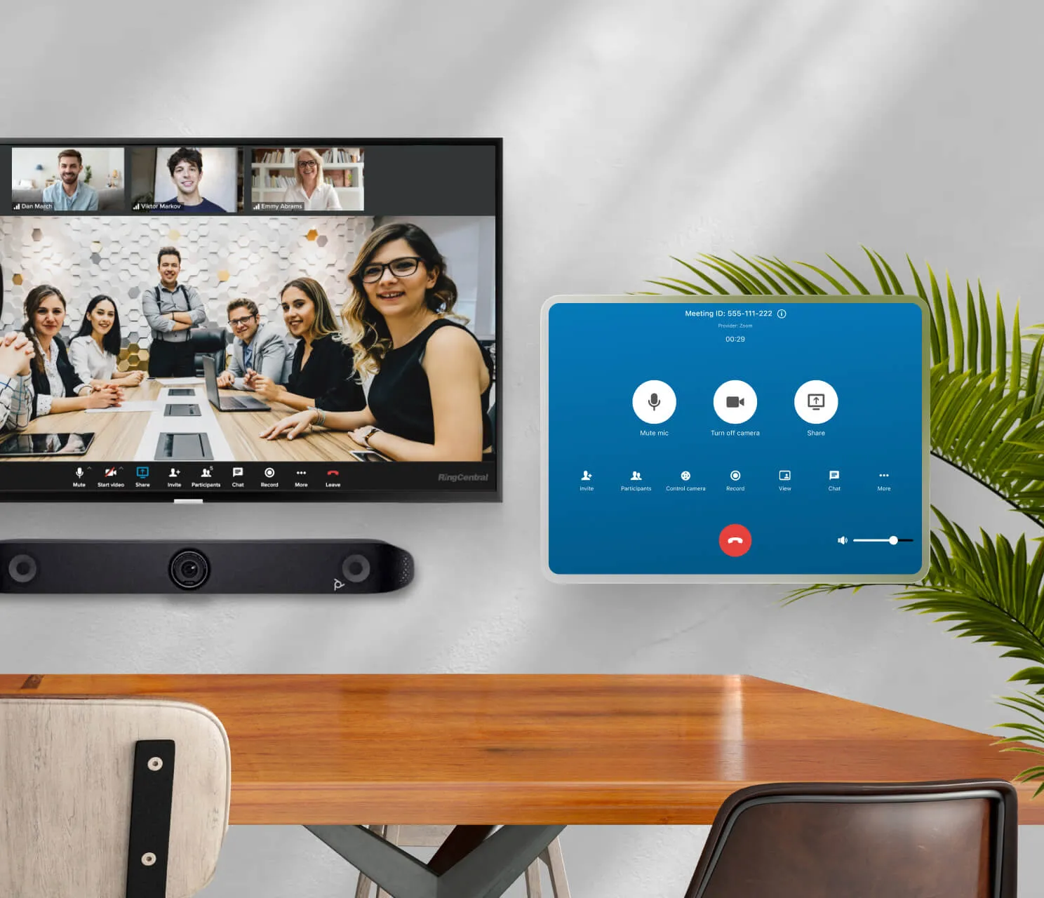 An ongoing video conference between teams using RingCentral Rooms