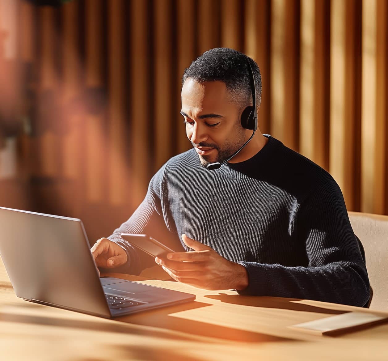 A man wearing an IP headset looking at his mobile phone in front of a laptop