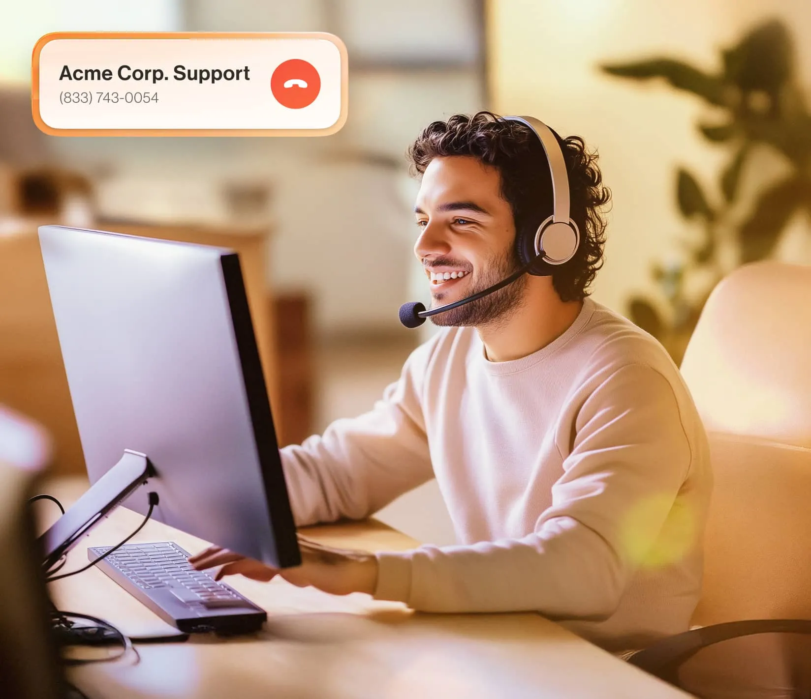 Smiling customer service representative wearing a headset sits at a computer, displaying two call notifications from the RingCentral App.