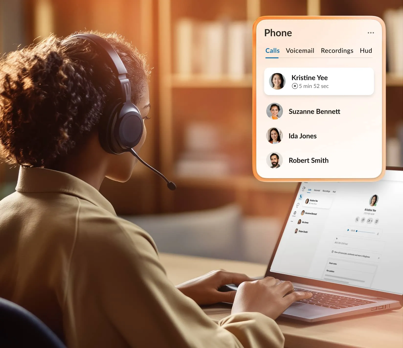 Customer service agent with headset on laptop, viewing the RingCentral Phone interface with recent contacts.