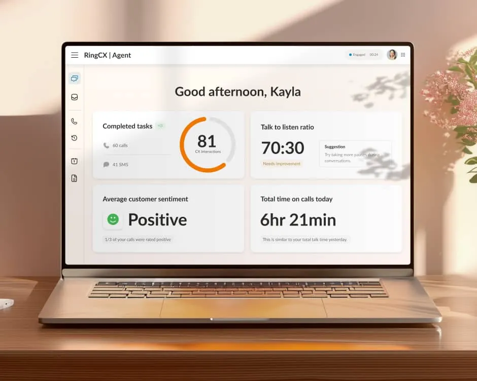 RingCX Agent dashboard displayed on a laptop screen showing performance metrics, including CX Interactions, Positive customer sentiment, and a Talk to listen ratio.