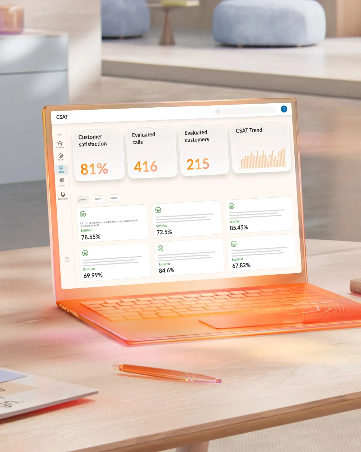Customer Satisfaction dashboard displayed on a bright, stylized laptop screen, showing Customer Satisfaction score, evaluated calls, and trend charts.
