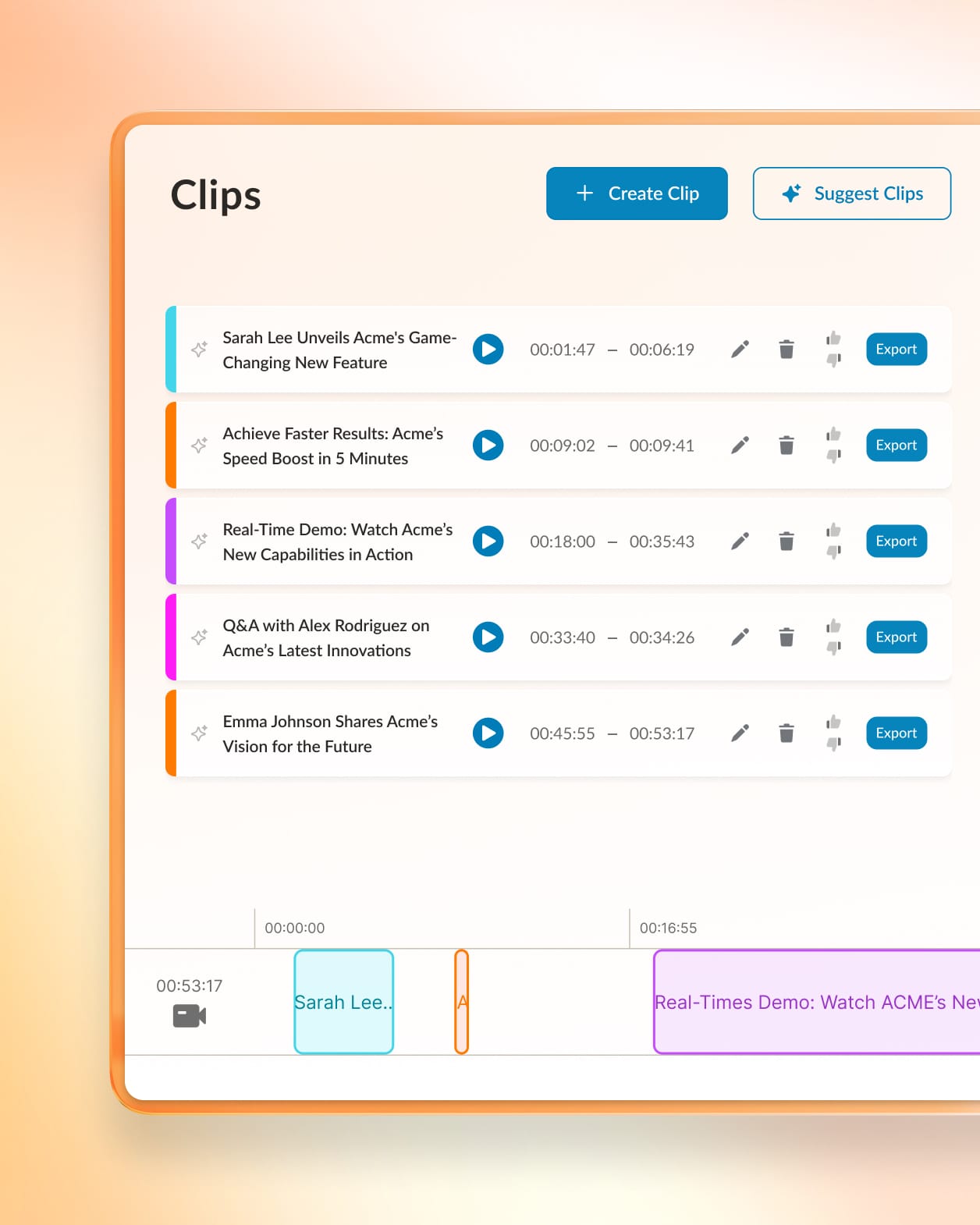 List of event recording clips displayed on RingCentral webinar platform 