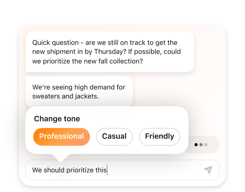 RingCentral AI assistant providing suggestions to adjust the tone of a reply message