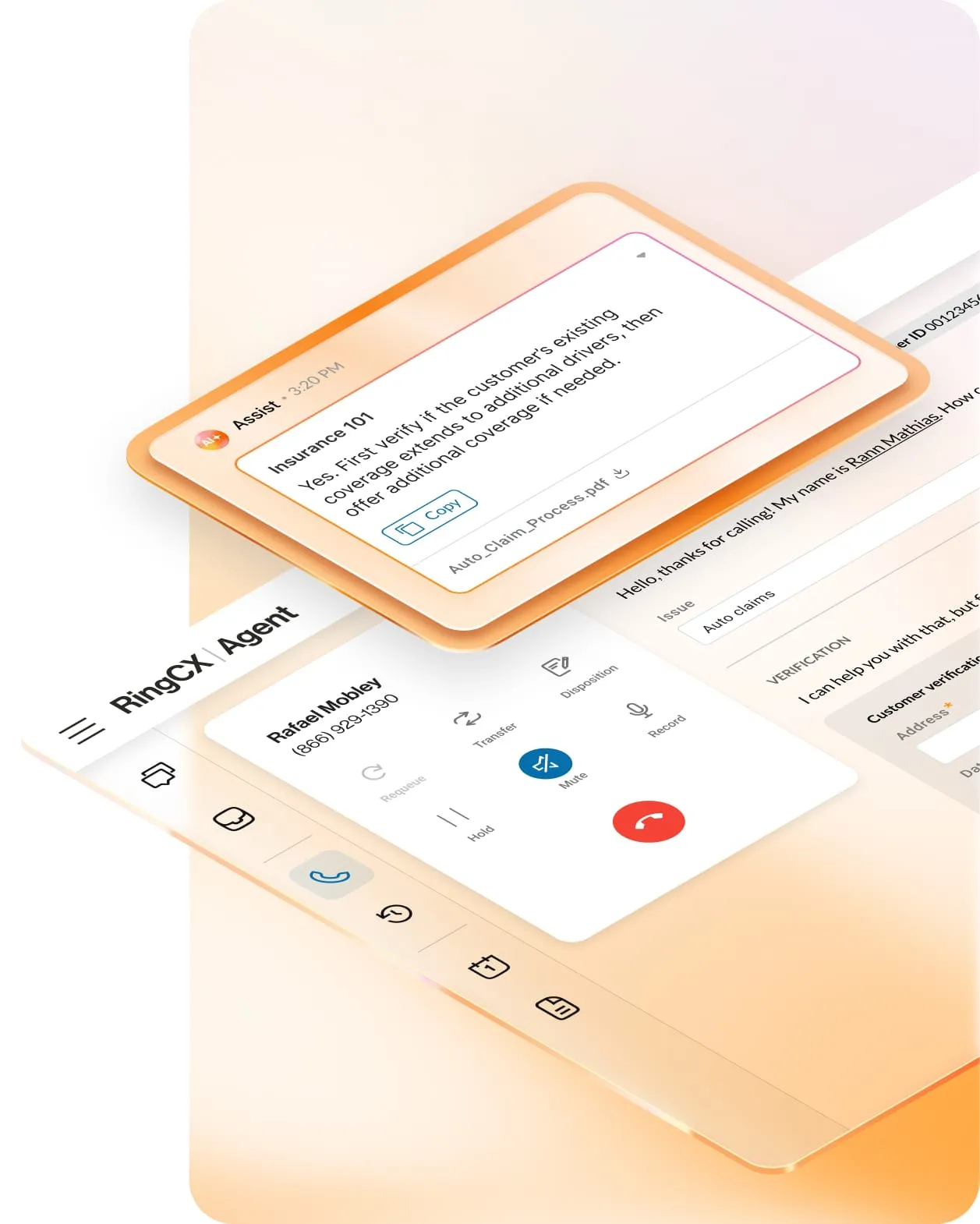 An inset reveals AI-generated answers to assist customer support representatives, displayed on top of the RingCentral RingCX Agent dashboard.