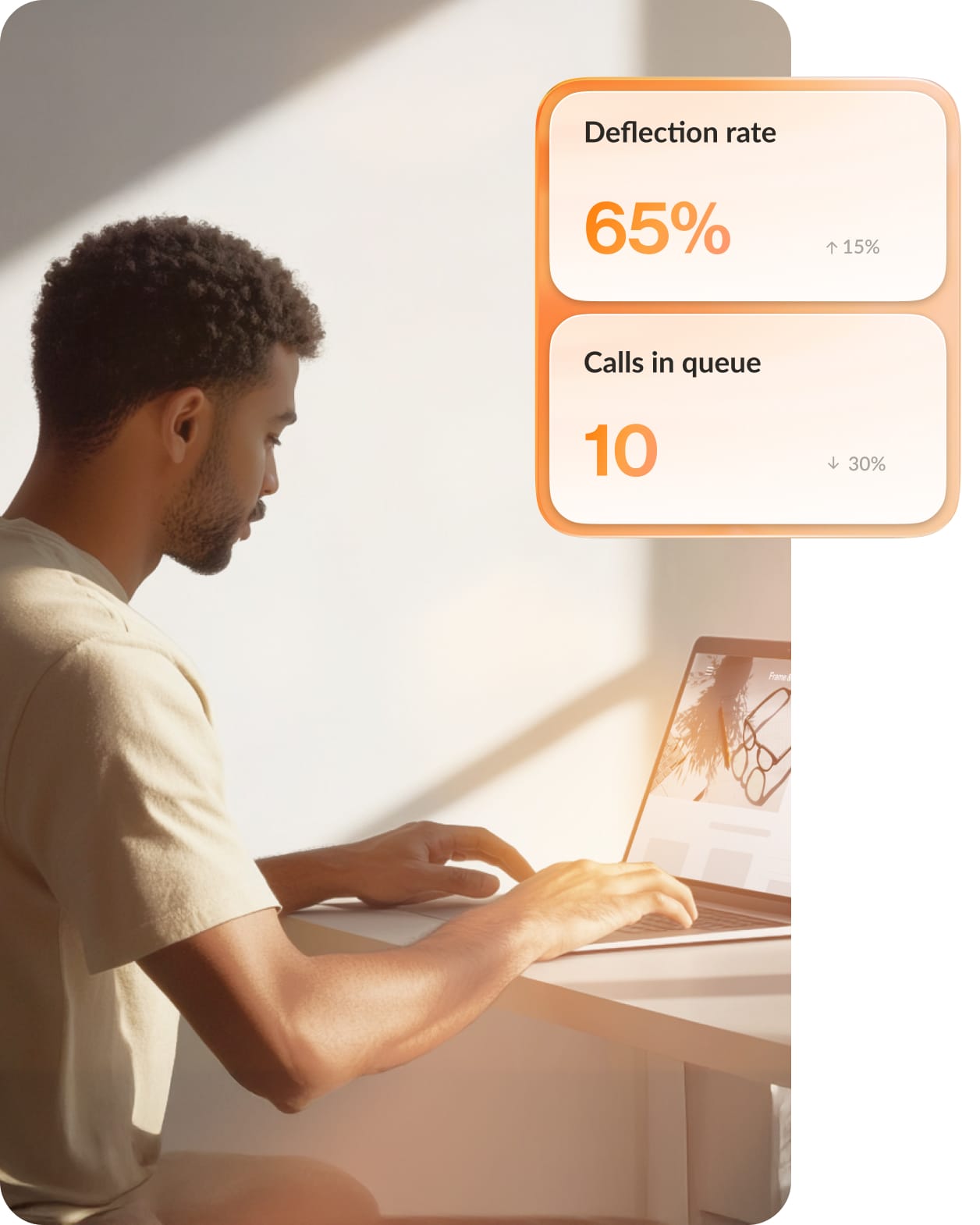 A man looking at the deflection rate and calls in queue using the RingCentral RingCX IVA Pro on his laptop