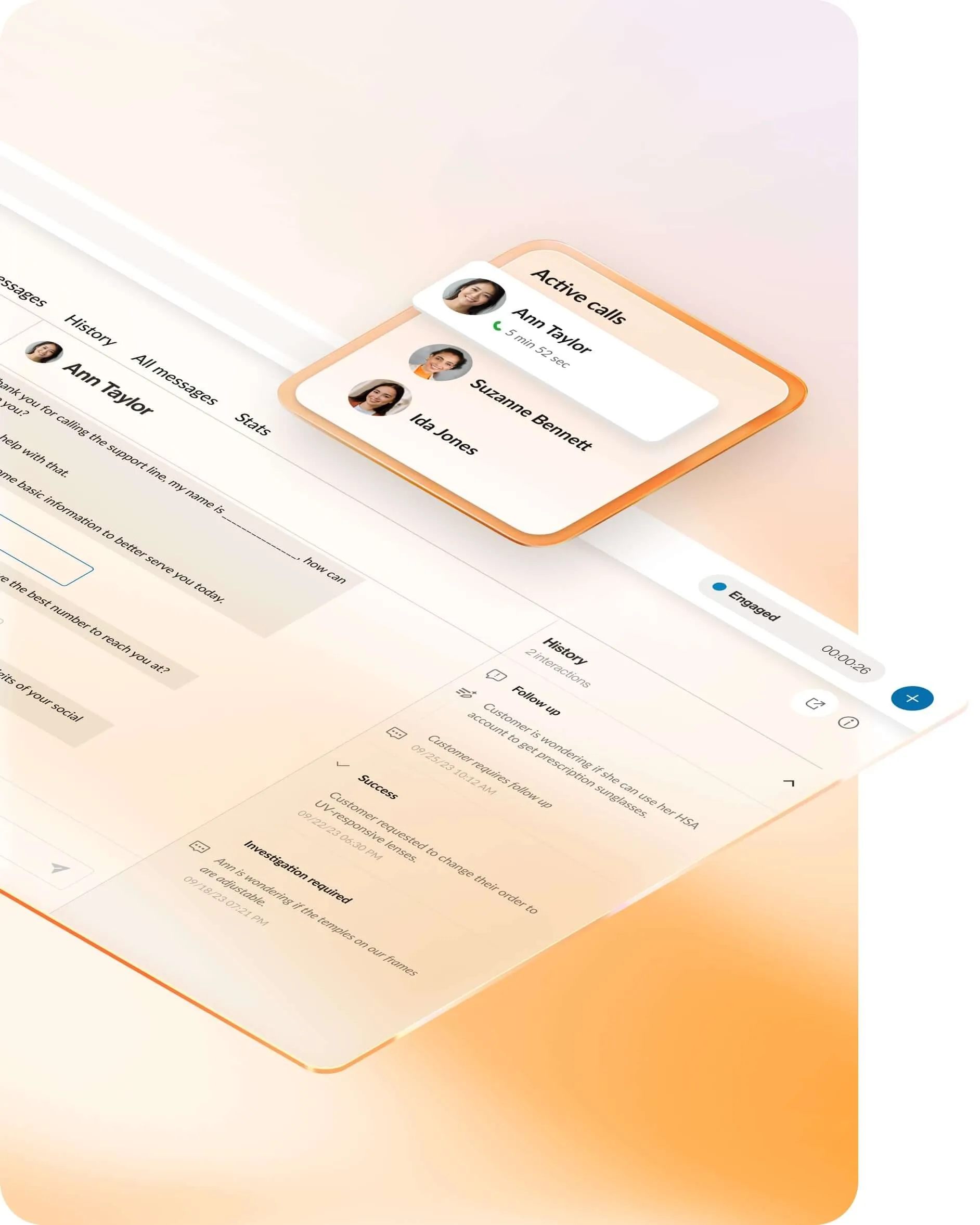 An inset reveals an active call log on top of the RingCentral RingCX message dashboard.