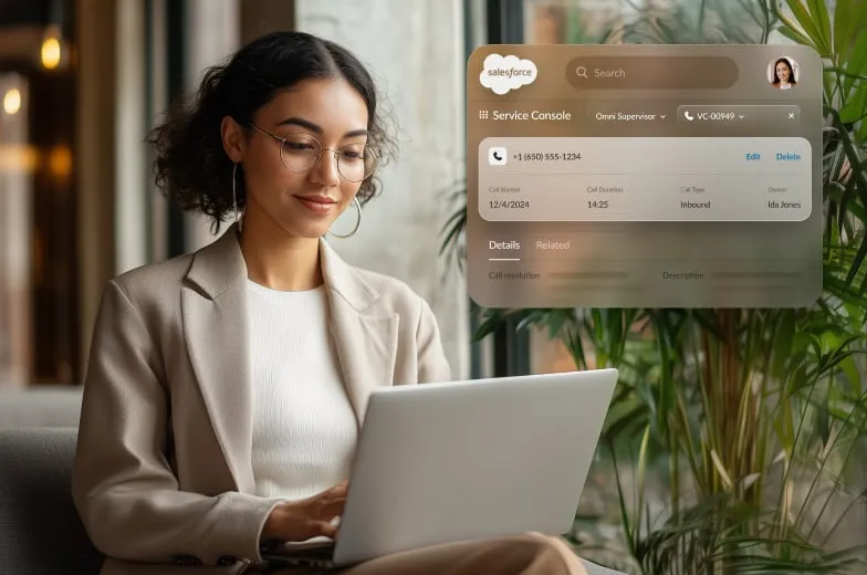 A woman sitting on a couch using her laptop with an inlay of the Salesforce integration in RingCentral app