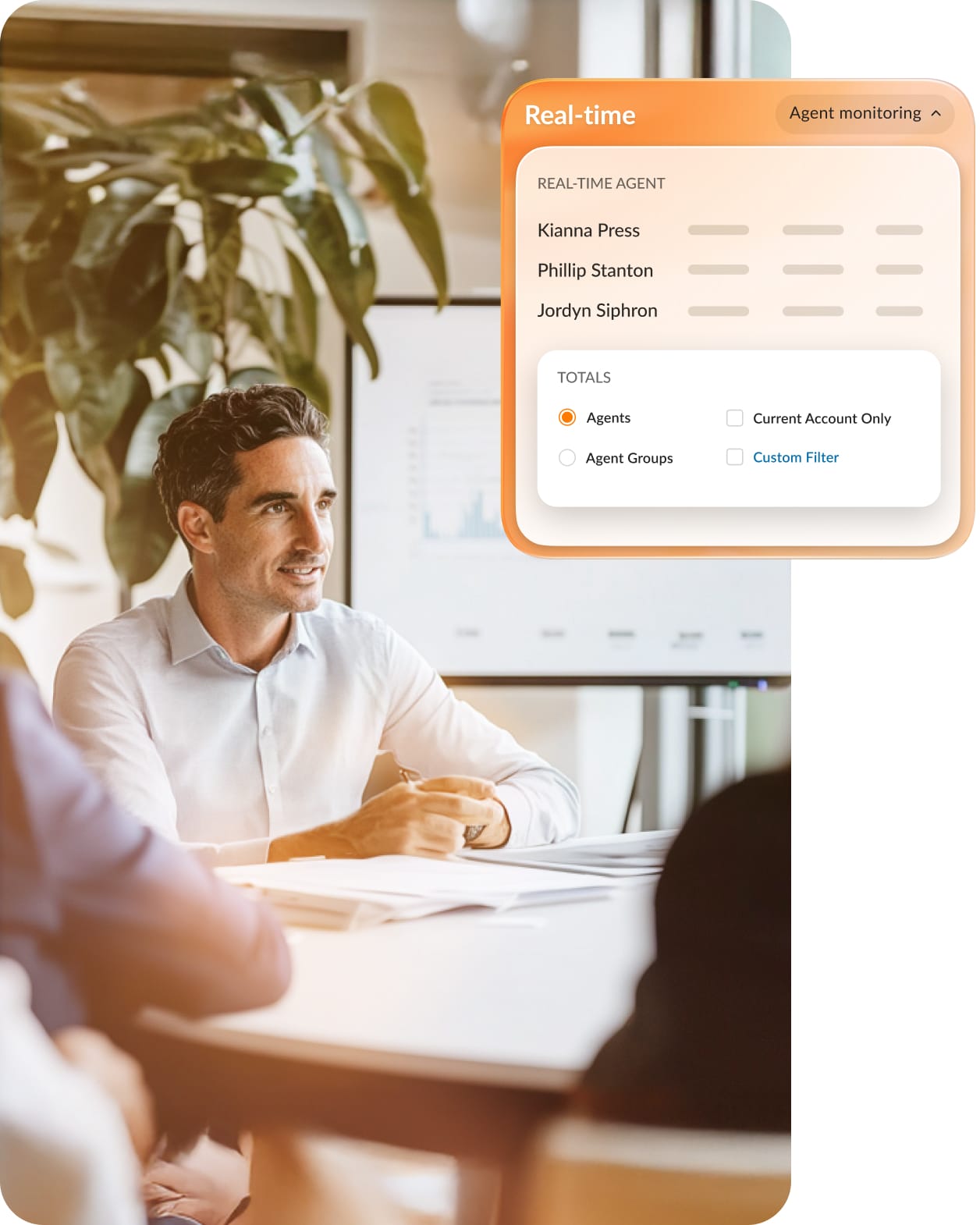 A contact center manager browsing real-time agent monitoring reports on his laptop