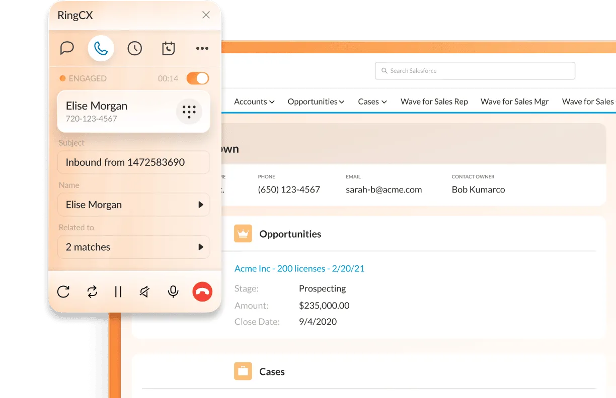 RingCentral RingCX interface showing multiple windows open, including an ongoing call and an ongoing chat support message