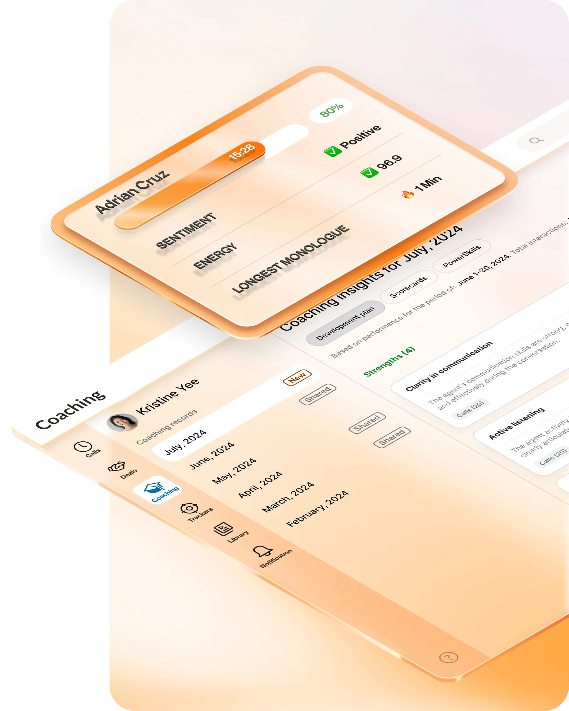 Una vista general de un agente de centro de atención que muestra la cantidad total de llamadas, puntuaciones de opinión y energía, y el tiempo de monólogo más largo