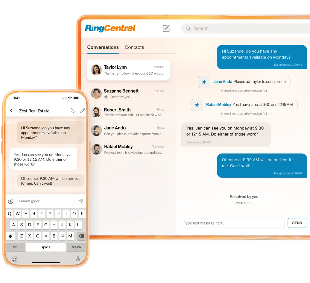 RingCentral app interface showing customer and agent conversation.