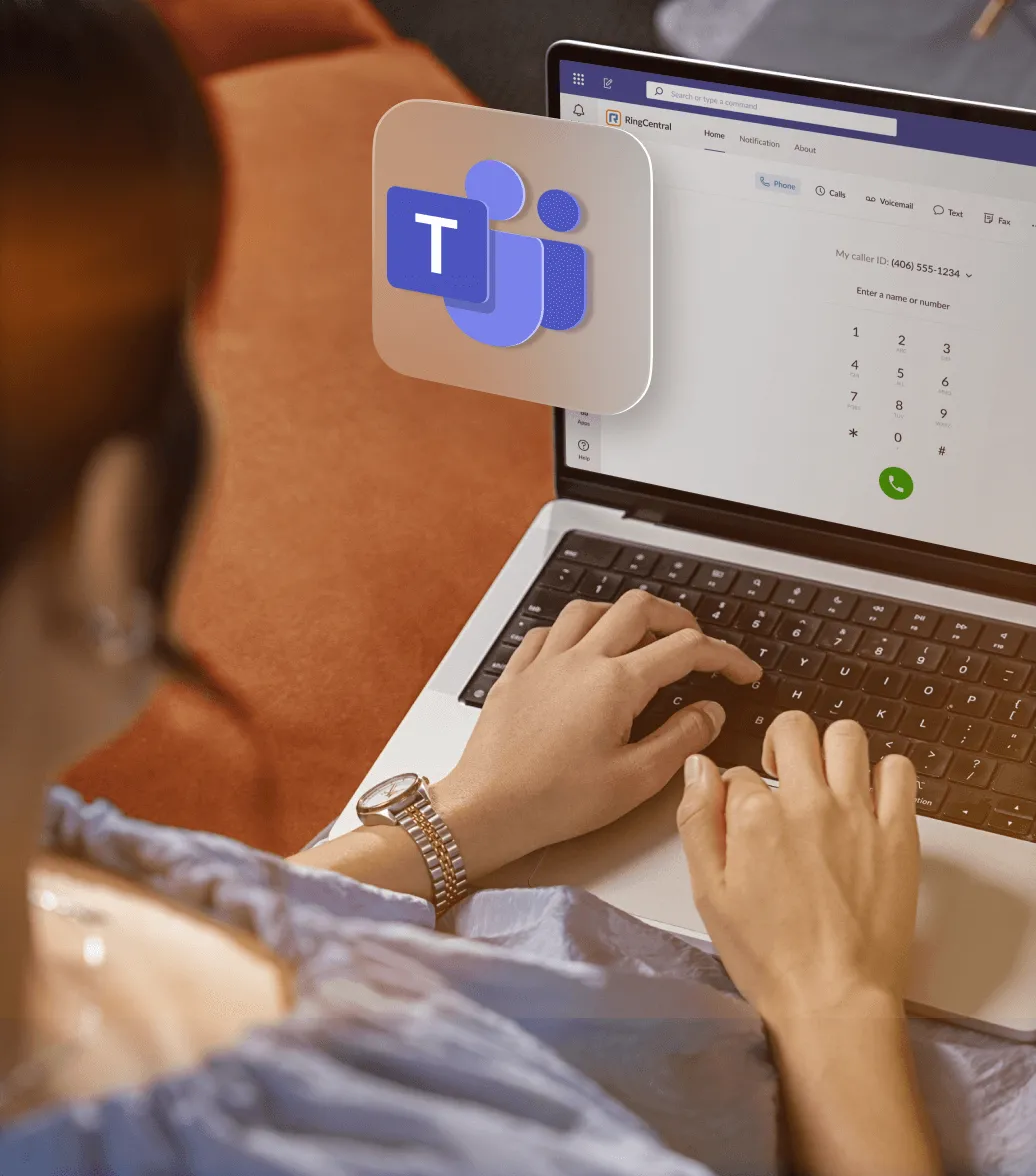 A female on her laptop using RingCentral for MS teams to make a phone call