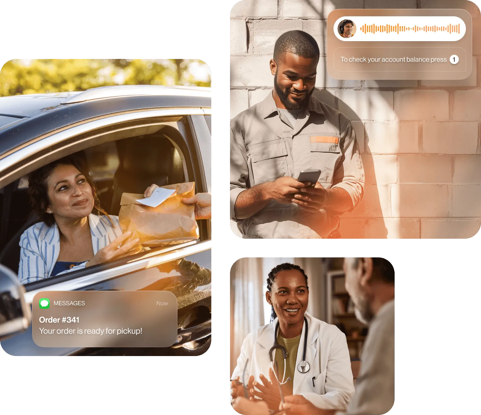 Group of images: A woman receiving a text message about the status of her order;  A woman using her laptop to chat with customer support; A female doctor talking to a patient