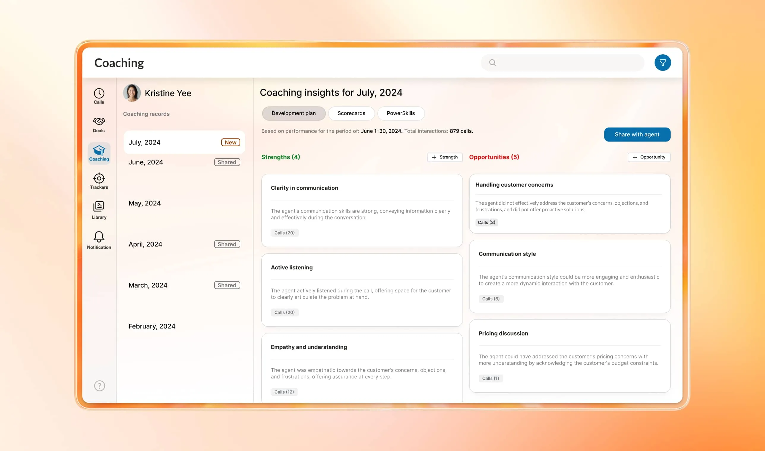 An image showing data from Coaching Insights feature on RingCentral app