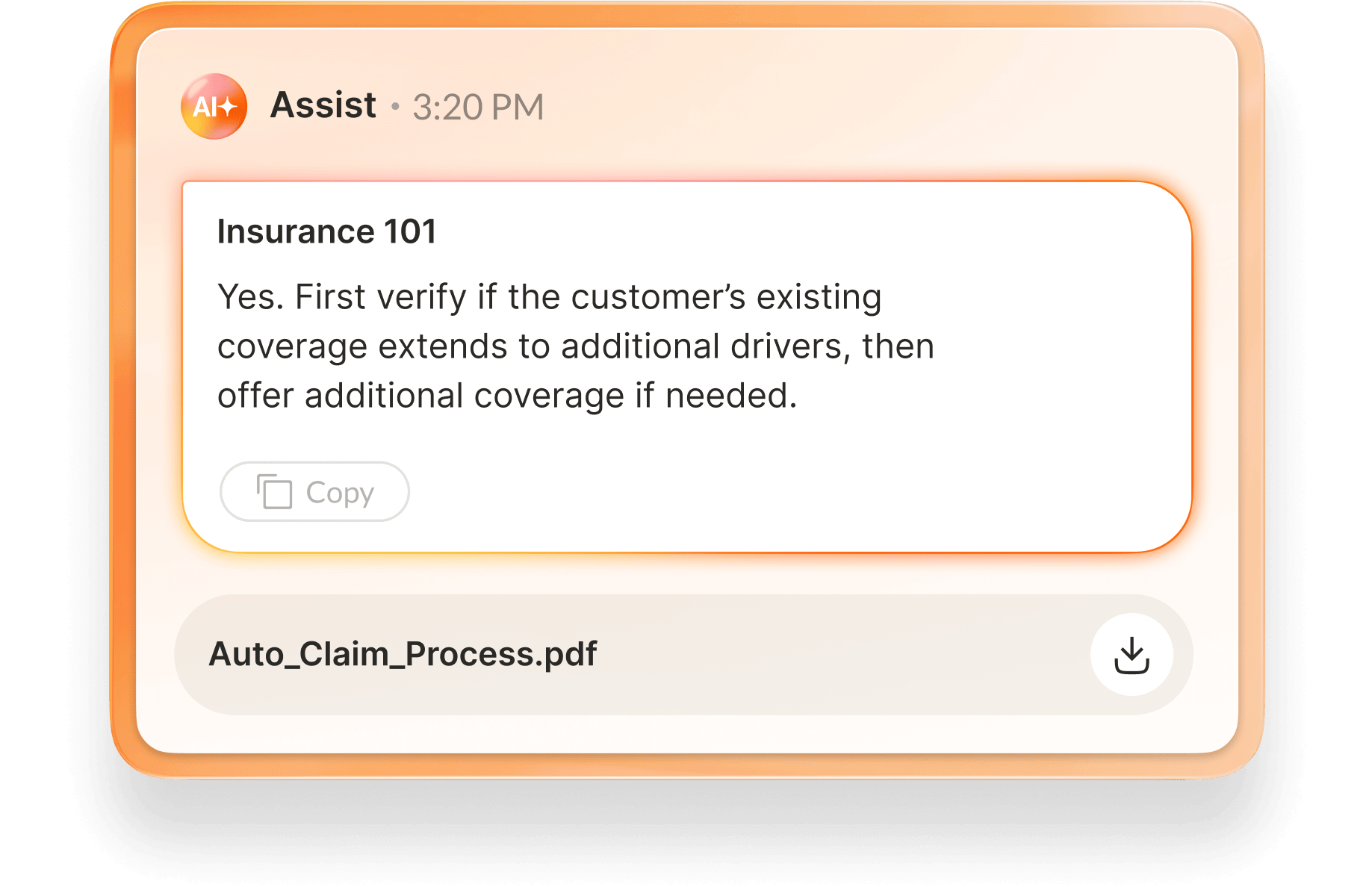 AI-generated answer assists customer support rep with an order issue.