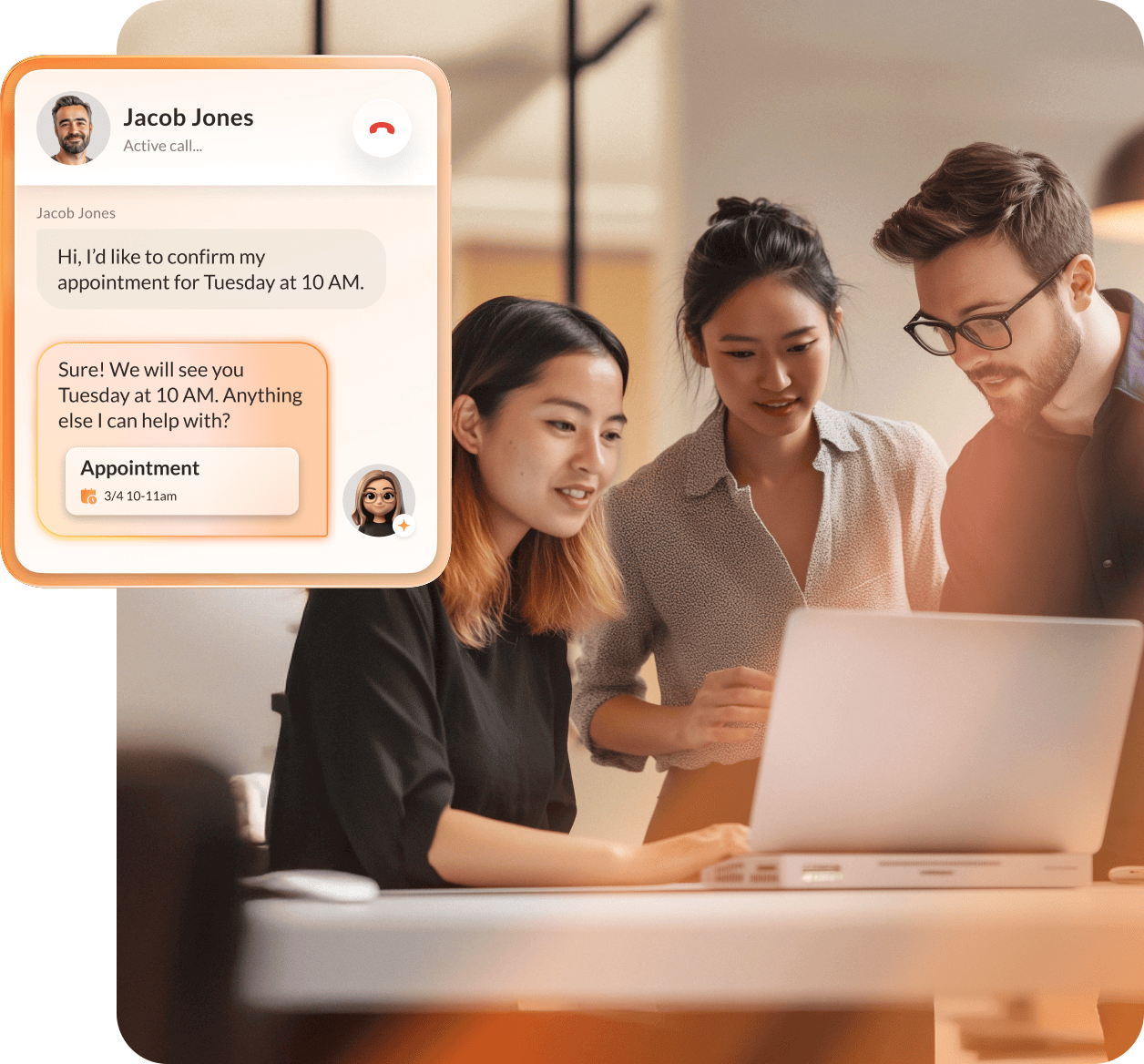 In-office employees using a shared laptop with an insert of the AI Receptionist feature on the RingCentral App