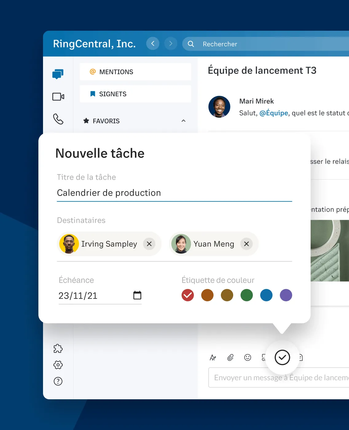 Capture d’écran de la fonction de création de tâches dans l’application de messagerie d’équipe RingCentral