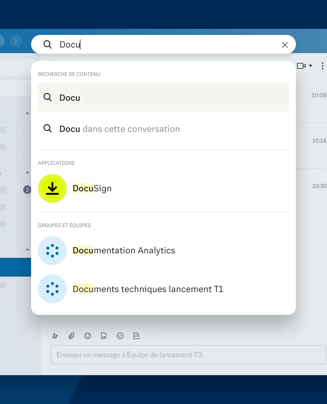 Prévisualisation de la fonction de barre de recherche dans l’application de messagerie d’équipe RingCentral